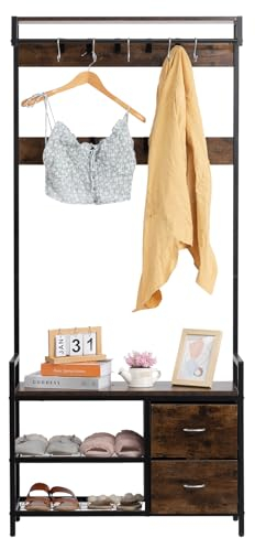 HollyHOME Coat Rack Stand,Coat Stand with Hallway Shoe Storage Bench,with 15 Removable Hooks and 2 drawers,for Heavy Duty Hall Tree,Brown and Black