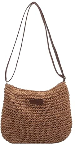 Bolso de hombro de paja, bolso de bolso de mango hecho a mano, bolsos de paja de hombro con trenzas trenzadas, bolsos de paja de playa de verano, bolso de cuerpo cruzado bohemio con cremallera para v