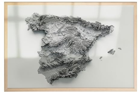 MJ-GRAPHICS® | Spanien Reliefkarte Poster - Landkarte in 3D Reliefstil - Wanddekoration für Büro, Schlafzimmer, Wohnzimmer & Bildung Spanienkarte - Fine Art Kunstdruck 300g A4 - ohne Rahmen