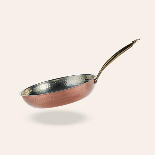 CopperStudio Signature 10” Copper Frying Pan, Hand-Hammered Copper, Non-Reactive tin Lining. Riveted cast-Bronze Handle. Electric stovetop Safe, Oven Safe, PFAS-Free, Broiler Safe to 425°F