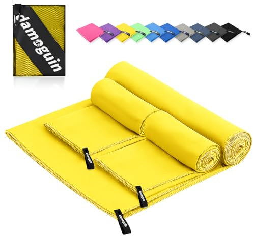 damoguin 3er-Set Mikrofaser Handtuch, Groß (180 * 80cm) & 2 Stück Klein (80 * 40cm) Schnelltrocknende Microfaser Fitness Handtücher, als Sporthandtuch, Strandtuch, Badetuch und Reisehandtuch (Gelb)