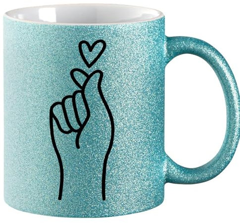Huuraa Glitzertasse K-Pop Fingerherz Zeichen Geschenk 330ml Blau K-Pop Fingerherz Präsent