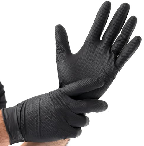 FRANZ MENSCH 50 Stück Hygostar Nitrilhandschuhe Power Grip | puderfrei, Packung, schwarz, 11/XXL, L: 24cm, Einweghandschuhe, Mechaniker, Latexfrei, Fischschuppen-Struktur