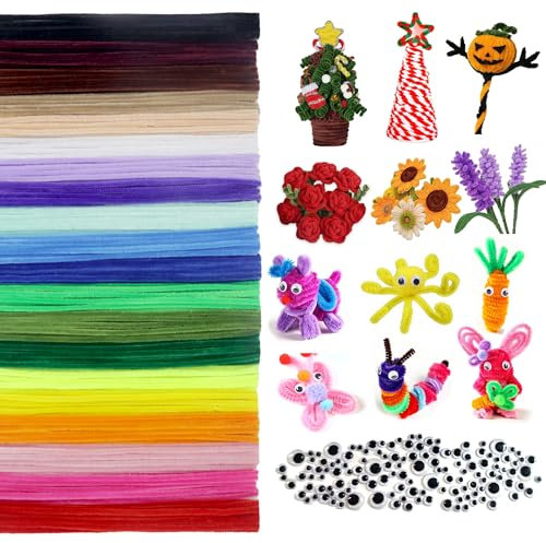 VntMQP Chenille-Faden-Set, Pfeifenreiniger-Set bunt zum Basteln, 30 cm x 6 mm Pfeifenreiniger, geeignet für Blumen, kleine Tiere, Halloween, Weihnachten DIY-Kunstwerke (200 Mehrfarbig + Augen)