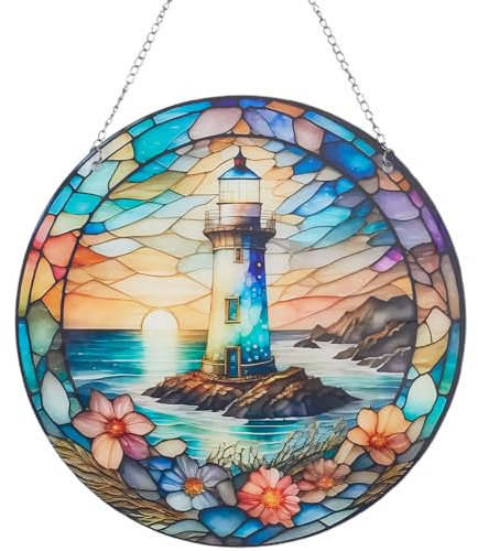 CREATCABIN Leuchtturm Sonnenfänger Fensterbehänge Gebeiztes Acryl Rund Fensterscheibe Glas Fensterbehänge Dekoration Blumen Wandkunst Sonnenfänger Ornament Geschenk Für Mama Frauen Wohnzimmer 20x20cm