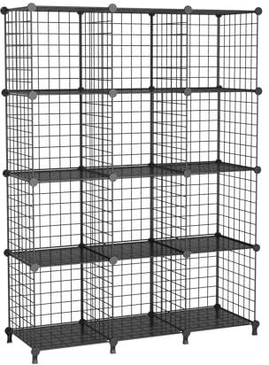 ATTDETJL 12-Cube Storage Shelf, Wire Cube Organizer with DIY Bookshelf, Multifunctional Shelving Unit for Office Living Room Kitchen Bathroom, Black ATTJL12B