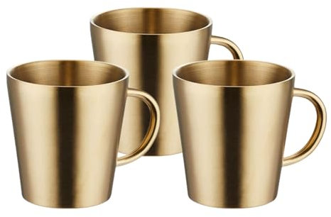 PKRANZYHKAL Tasse Inox Mug Café Double Paroi | Gobelet Inox Moderne | Tasse Escalade en Métal | Idéal pour Boissons Chaudes et Froides,RECTILINEAR,HANDLE,GOLDEN,260ml,Set of 3