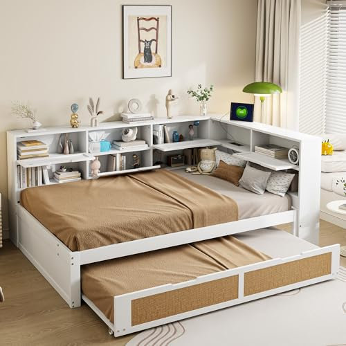 Gegtuon Doppelbett Schlafsofa 140x200 mit Ausziehbares Rollbett, USB-Sofabett Holzbett Bett mit Stauraum Regal, Jugendbett Funktionsbett Tagesbett Bettgestell mit Holz Lattenrost, ohne Matratze, Weiß