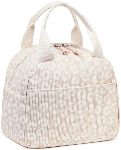 LEDAOU lonchera aislada mujeres reutilizable almuerzo bolsa de pana almuerzo bolsos a prueba de fugas refrigerador térmico almuerzo gran capacidad (estampado de leopardo blanco)