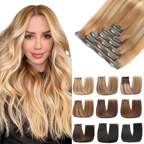 EINbeauty Clip In Extensions Echthaar 7Stücke Extensions Echthaar Gerade Echthaar Extensions Hellbraun mit Goldblond Extensions Clip In 80g 35cm(14Zoll,10/10/22#)