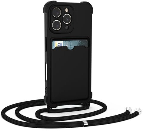 CAROKI Detachable Crossbody Lanyard Phone Case for iPhone 15 Pro Max,Liquid Silicone Protective Card Holder Case with Strap Adjustable Neck Cord Soft Cover-Black