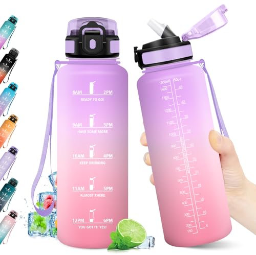 Botella Agua 1.5L, Botella Gimnasio, Cantimplora con Marca de Tiempo, Reutilizable y sin BPA, con Pajita, Cantimplora Motivacional para Gimnasio, Escuela, Oficina, Cámping, Running, Bicicleta