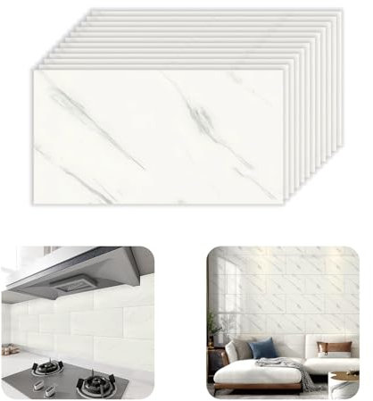JMMSP 10 azulejos de pared autoadhesivos de PVC más fuertes e impermeables, 30 x 60 cm, calcomanías de azulejos de mármol para baño, cocina, decoración del hogar (color: blanco)