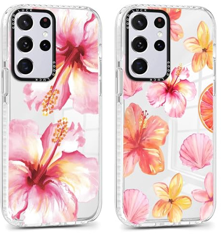 Saqmkil 2 Pièces Coque pour Samsung Galaxy S21 Ultra 5G, Étui de Protection avec Aesthetic Design Fleur Motif, Transparente Femme Fille Housse Etui Bumper Cover pour Samsung S21 Ultra 5G 6,8'', Rose