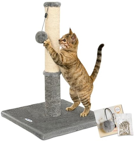 Happi N Pets Cat Scratching Post, Cat Scratcher for Indoor Cats, Sisal Scratching Post & Carpet Post in One, Stable Kitten Scratching Post with Replaceable Toy, Extra Free Toy, Light Gray