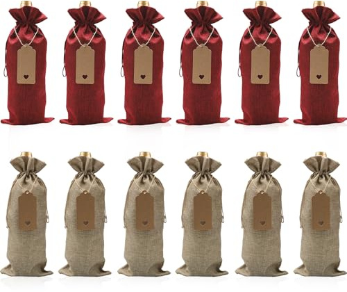 12 bolsas de vino de yute de y 12 etiquetas de regalo, bolsas de regalo reutilizables de arpillera para vino, bolsas de vino para Regalos de Boda, Fiestas de Navidad y Fiestas de Cata de Vinos