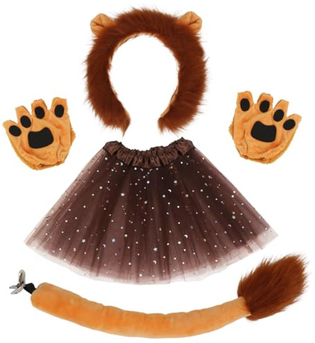 Cadimus 4 Stück Löwen-Kostüm-Set,löwen ohren haarreif,Schwanz,Handschuhe,Tüllrock,Tierkostüm Set für Karneval,Dschungelparty,Tier Themen Accessoires