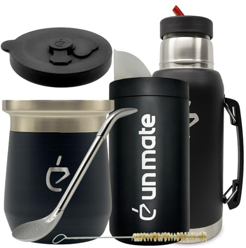 Yerba Mate Set Un Mate Thermolid DualFlow PRO Obsidian Black – Termo 1000 ml, Matero Térmico 230 ml, Bombilla, Yerbera 250 g, Cepillo, Caja Regalo Premium (Negro)