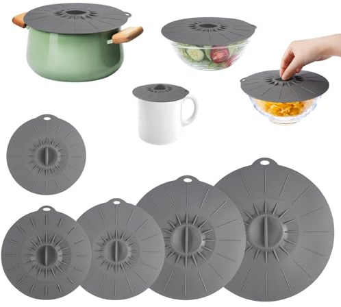 5 Pièces Couvercles en Silicone Réutilisables, 5 Tailles Différentes | Gris Couvercles à Ventouse en Silicone, Alimentaire, Sans BPA, pour Bols, Casseroles, Assiettes, Tasses, Réfrigérateurs