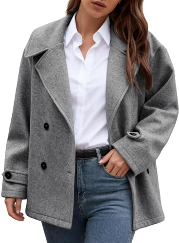 Generisch Cappotto invernale da donna in lana, taglio largo, corto, doppiopetto, elegante, blazer corto, misto lana, grigio., L