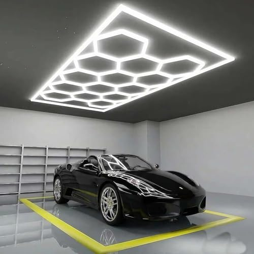 AFAGUEEUPD LED Garagenbeleuchtung Sechseckig Gitter 6500K Deckenlampe Steckbar LED Beleuchtung Sechskant für Garage, Lager, Unterboden, Sporthalle