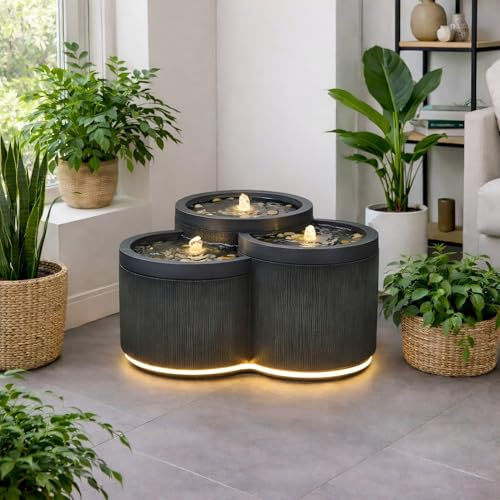 Wacredo Premium Wasserspiel Komplettset Aruba anthrazit 55 x 51 x 28cm | Quellstein Trio Indoor und Outdoor Quellstein Brunnen klassisch Steinoptik mit 3X LED Spot und 1X LED Band handbemalt
