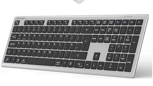 TECKNET Wireless Keyboard, Rechargeable 2.4GHz USB Bluetooth Keyboard for 4 Multi Devices, Ultra Slim Full Size UK Layout Keyboards for Computer, Laptop, Tablet, Smart TV, Phone