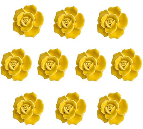 Eidoct 10 Pcs Ceramic Vintage Floral Rose Flower Door Knobs Handle Drawer Kitchen + Screws (Yellow)