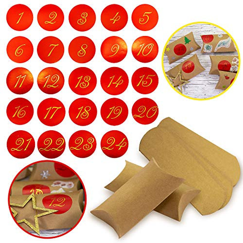 Oblique Unique® DIY Adventskalender Set mit 24 Boxen Schachteln im Vintage Style und 24 Zahlen Stickern Aufkleber für Weihnachten Advent Kisten Taschen zum Befüllen Braun Kraftpapier