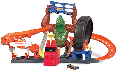 Hot Wheels - City - Attaque du Gorille Toxique - Coffret avec Voiture, Station-Service - Sons et Lumières - Échelle 1/64 - Cadeau dès 5 Ans, HBY95