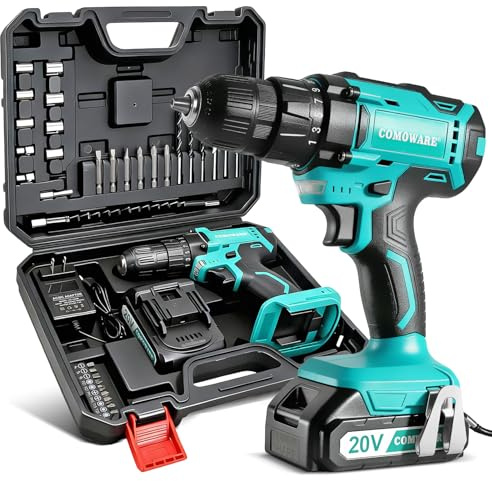 COMOWARE 20V Cordless Drill, Electric Power Drill Set with 1 Battery & Charger, 3/8 Keyless Chuck, 2 Variable Speed, 266 In-lb Torque, 25+1 Position and 34pcs Power/Driver Bits