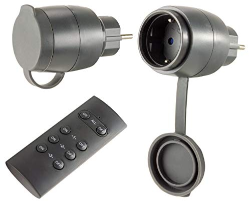 REV Funksteckdosen, 2x Steckdose mit Fernbedienung. Funkschalter bis 30m, 3680W/St. IP44, schwarz