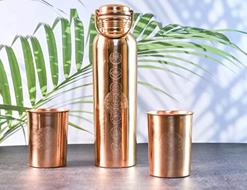Geschenkset – Kupferflasche 7 Chakra, 100% reines Kupfer mit Herzchakra-Glas/Wasserflasche/1000 ml/Meditation/Fitnessstudio/Yoga aus Indien