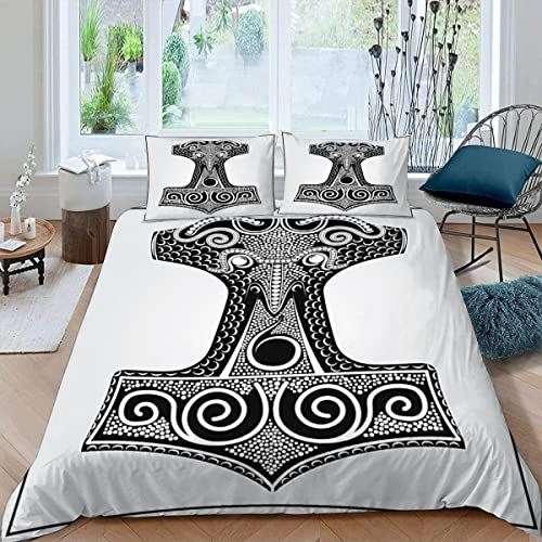 YOSHOME 3D Bettwäsche Thors Hammer Bettwäsche-Sets mit 2 Kissenbezüge 80x80 cm Wikinger, Nordisch Bettbezüge 135x200 Bettbezug mit Reißverschluss,kuschelig Hypoallergen Mikrofaser Quilt Cover