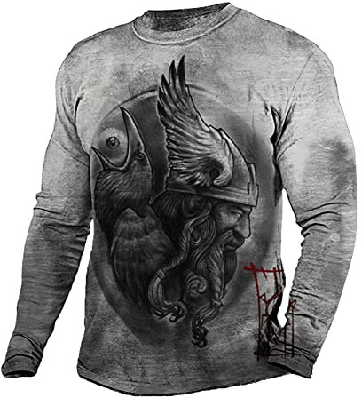 DUDSOG Men's Viking Tattoo T-Shirt Odin Viking Mythology Printed Long Sleeve Top Vintage Distressed Casual Pullover Tops