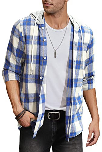 Onsoyours Chemise Flanelle Homme Chemise Homme Manches Longues Chemise avec Capuche A Carreaux Hommes Casual Chaude Regular Fit Bleu L