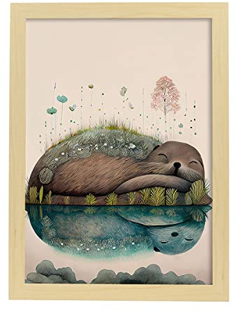 Nacnic Schlafender Otter Poster im Präzisionsstil. Illustrationen süßer schlafender Tiere in warmen Farben für Kinderzimmer. Innenarchitektur und Dekoration. A3 mit Leichtholzrahmen.