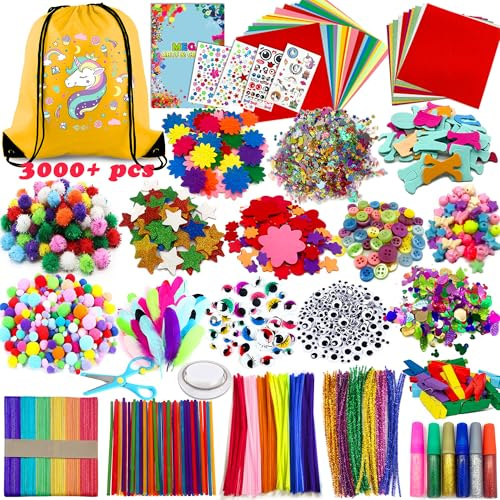 Chennyfun Arts and Crafts Supplies for Kids Ages 4-12, 3000pcs+ | Craft Art Kits for Toddlers, Unicorn Storage Bag, All in One D.I.Y. Crafting Set, Includes Pom Poms, Feathers, Beads