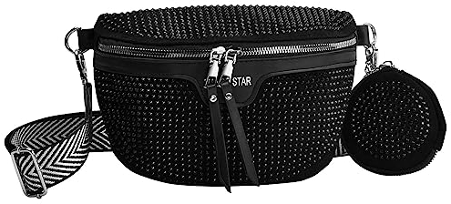 Cozlly Bauchtasche Damen, Strass PU Gürteltasche Damen, Crossbody Bag Damen Breiter Gurt, Leder Umhängetasche Damen Klein, Schulter Crossbody Brusttasche mit Münzgeldbeutel Anhänger (Schwarz)