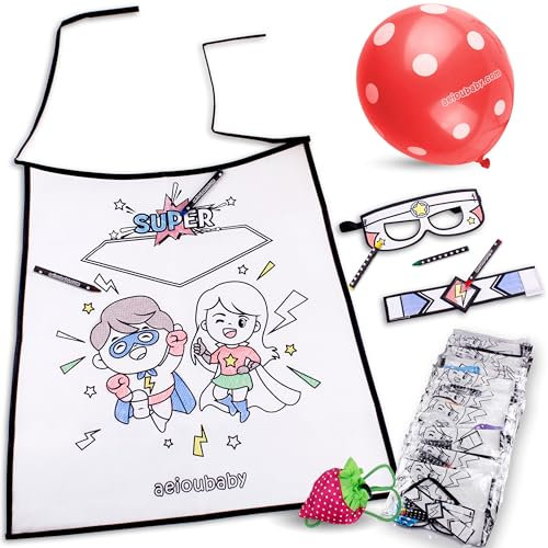 FÄRBBARES SUPERHELDEN-SET 25 Einzelpackungen mit Umhang, Maske, Armband, 5 Farbwachsmalstiften und Ballon | DIY Non-Woven Kit für Kinder | Kreatives Geschenk für Kindergeburtstage und Kinderpartys