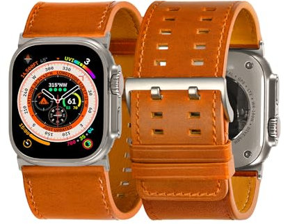 Tefeca Dual Series Replacement Watch Straps, Compatible with Apple Watch/Apple Watch Ultra (Caramel Leather with Silver Adapters, 33mm Ultra Wide 49/45/44/42mm)