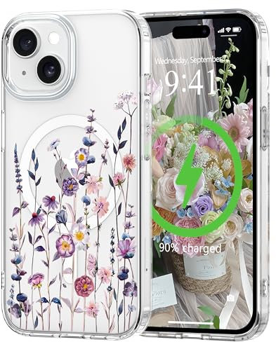 L-FADNUT Magnetisch Handyhülle für iPhone 15 Hülle Kompatibel mit MagSafe, Transparent Blumen Muster Schutzhülle Hart PC Rückseite Dünne Stoßfest Kratzfestes Case für iPhone 15, Bunt