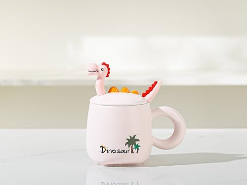 Huiyiwert Funny 3D Dinosaur Coffee Cup Cute Tea Cup with Lid and Spoon 380 ml Milk Cup Porcelain Mug Gift for Children Women Girls Friends Christmas Birthday (Light Pink)