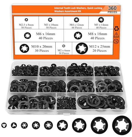 Set di 360 rondelle interne per denti da 2/2,5/3/4/5/6/8/10/12 mm con clip di fissaggio a pressione assortite, kit di fissaggio durevole