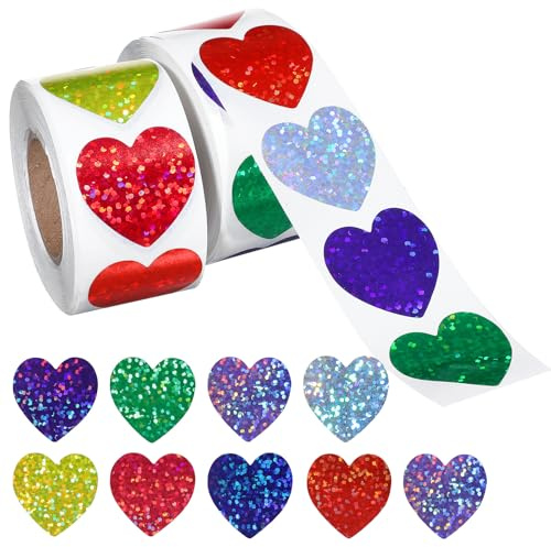 Classicseali 1000 Stück Glitzer Belohnungssticker für Kinder, Herz Aufkleber,Sticker Herz, 2.5 cm Selbstklebende Shining Sticker Herzen für Umschläge, Hochzeit, Lehrer, Kinder, Scrapbooking (2 Rollen)