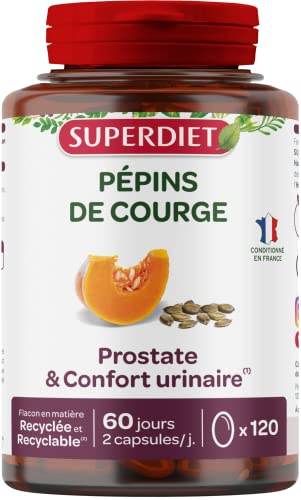 Prostate, Confort urinaire - Pépins de Courge - Capsules | Cure de 60 jours - 120 gélules - Elimination rénale, confort urinaire, Prostate - Conditionné en France - Superdiet