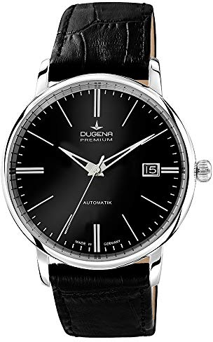 Dugena Herren-Armbanduhr 7000192 Festa Klassik, Automatik, schwarzes Zifferblatt, Edelstahlgehäuse, Saphirglas, Lederarmband, Dornschließe, 5 bar