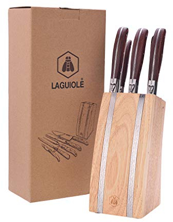 LAGUIOLE - Bloc de 5 ustensiles - Manches en bois de pakka - Couteau à viande, Couteau à pain, Couteau d'office, Fourchette à viande, Fusil à aiguiser - Bloc en bois d'hévéa - Cadeau idéal