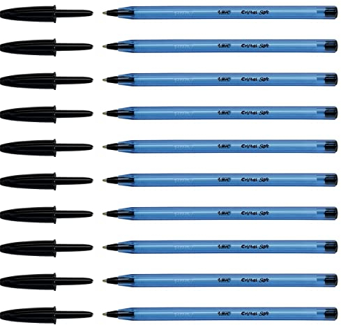 BIC – Juego de 10 bolígrafos Cristal Soft, punta media de 1,2 mm, tinta EasyGlide color negro