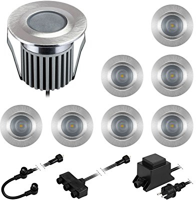 ledscom.de LED Boden-Einbauleuchten BODES für außen, warm-weiß, je 94lm/Leuchte, matt, rund, 50mm Ø, 8er Set